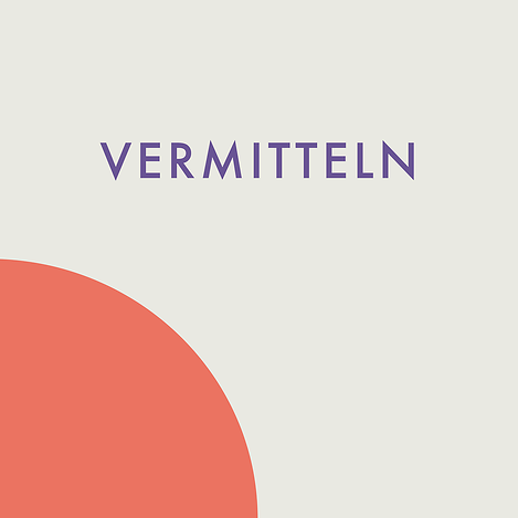Post-it-Icon | Grundriss quadratisch cream graue Farbe, mit lila Schrift: VERMITTELN. Untere Hälfte: gefüllter Viertelkreis nach links-unten offen, hell rote Farbe