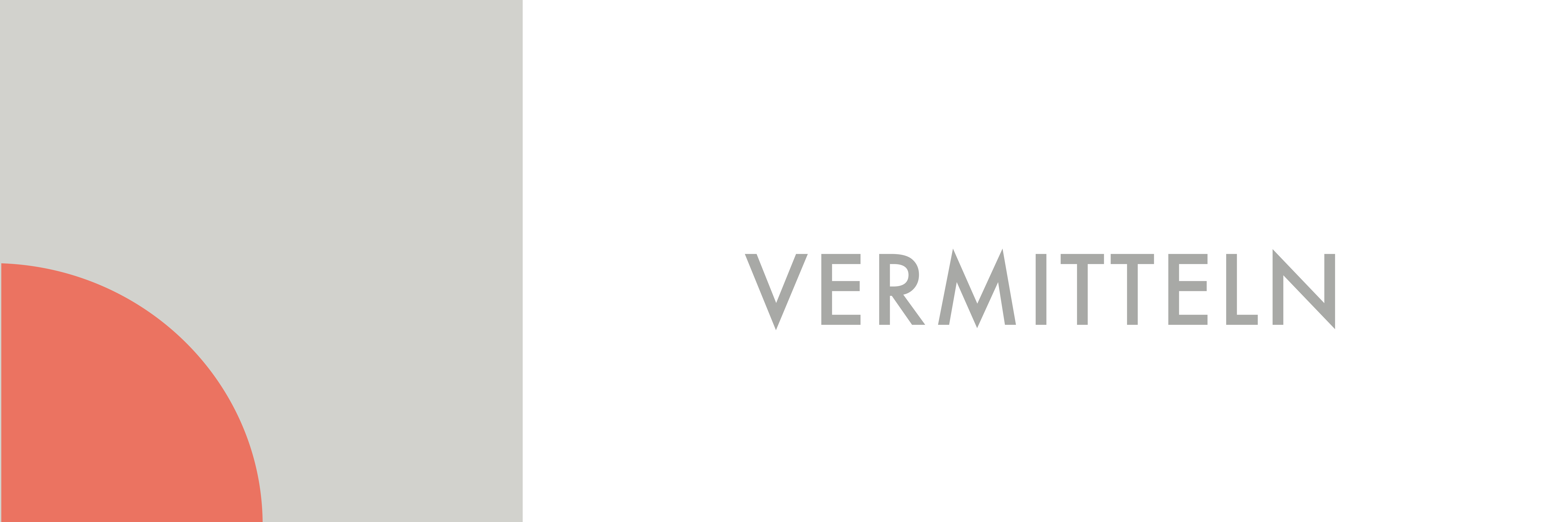 Post-it-Icon | Grundriss quadratisch cream graue Farbe. Untere Hälfte: gefüllter Viertelkreis nach links-unten offen, hell rote Farbe. Rechts daneben mit grauer Schrift: VERMITTELN