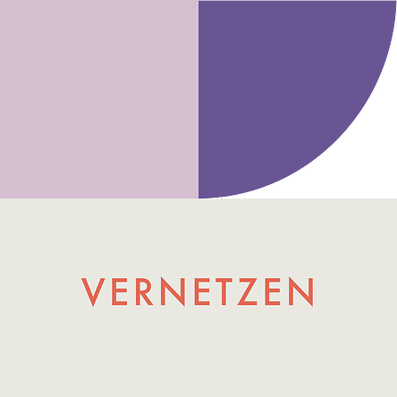 Post-it-Icon | Grundriss quadratisch, untere Hälfte cream grau mit hell roter Schrift: VERNETZEN. Obere Hälfte: gefüllter Halbkreis, geteilt in ein Viertel hell und dunkel lila Farbe, nach oben offen