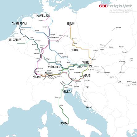 Überblickskarte der ÖBB nightjet Destinationen