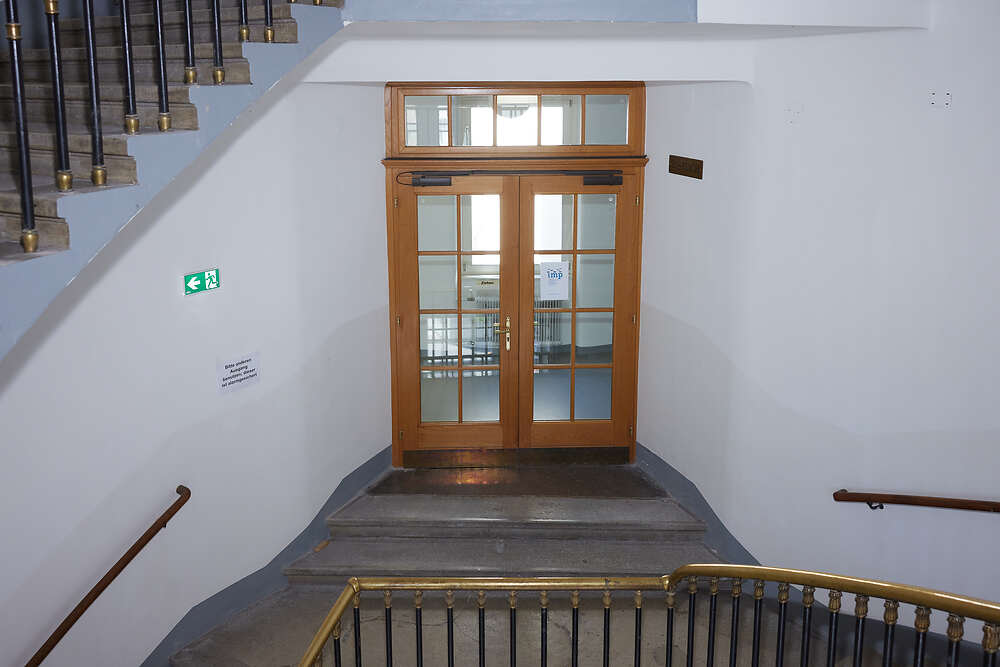 Foto. Stiegenhaus. Eingangstür in den 1. Stock des Institus. 