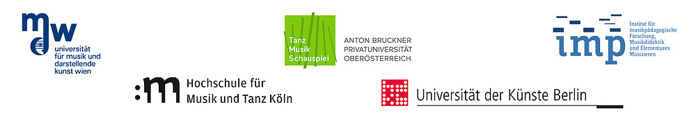 Logos von mdw, Hochschule für Musik und Tanz Köln, Anton Bruckner Privatuniversität Oberösterreich, Universität der Künste Berlin, IMP