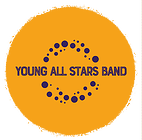 Logo der Young All Stars Band - Name der Band in schwarz vor einem gelben Kreis und mehren schwarzen Punkten in unterschiedlichen Größen in Kreisform in der Mitte um den Bandnamen 