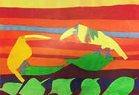 Bild von werd:art: zu sehen sind zwei abstrakt gezeichnete Völgel auf Blättern sitzend vor einem in Rottönen gestreiften Hintergrund 