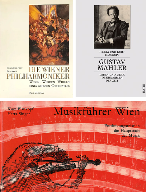 Sie sehen eine Collage aus drei Buch-Covern. In der oberen Bildhälfte befinden sich die Werke "Die Wiener Philharmoniker: Wesen, Werden, Wirken eines großen Orchesters" sowie "Gustav Mahler: Leben und Werk in Zeugnissen der Zeit". Die untere Bildhälfte wird von der leuchtend roten Titelseite des "Musikführers Wien" eingenommen.