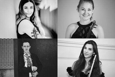Die 4 Preisträger_innen der FKI- und LBI-Auswahlvorspiele 2021, welche nun beim Konzert als Solist_innen spielen, zu sehen jeweils im Portrait (s/w).